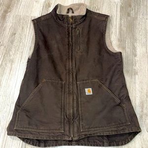 Carhartt Women's Washed Duck Sherpa Lined Mock Neck Vest in Dark Brown.